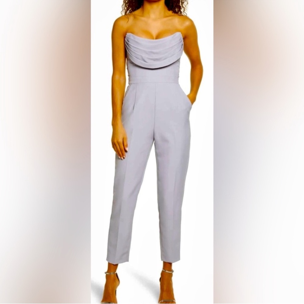 Lavish Alice Pleated Cowl Bandeau Strapless Jumpsuit in Blue Grey size 10